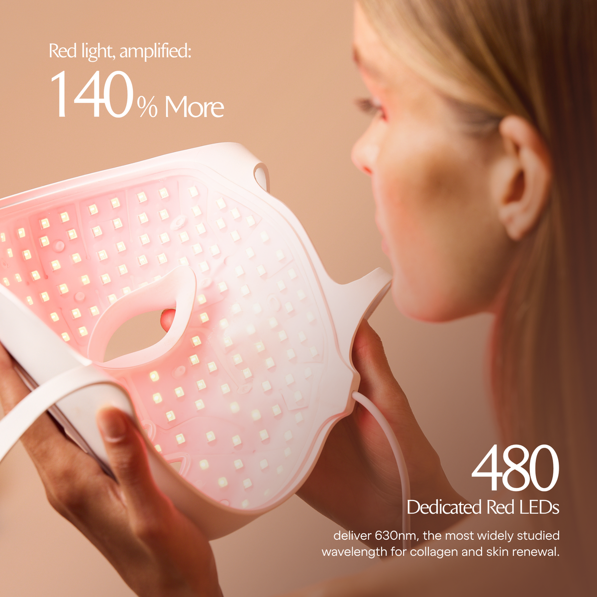 Donna con LumaLux Face V2 acceso accanto a un'infografica della matrice LED rossa