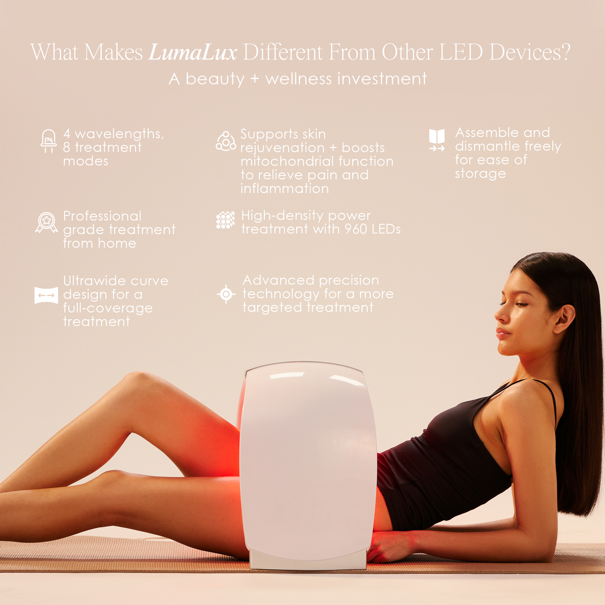 A woman using LumaLux Dome LED device for multi-mode skin rejuvenation therapy.