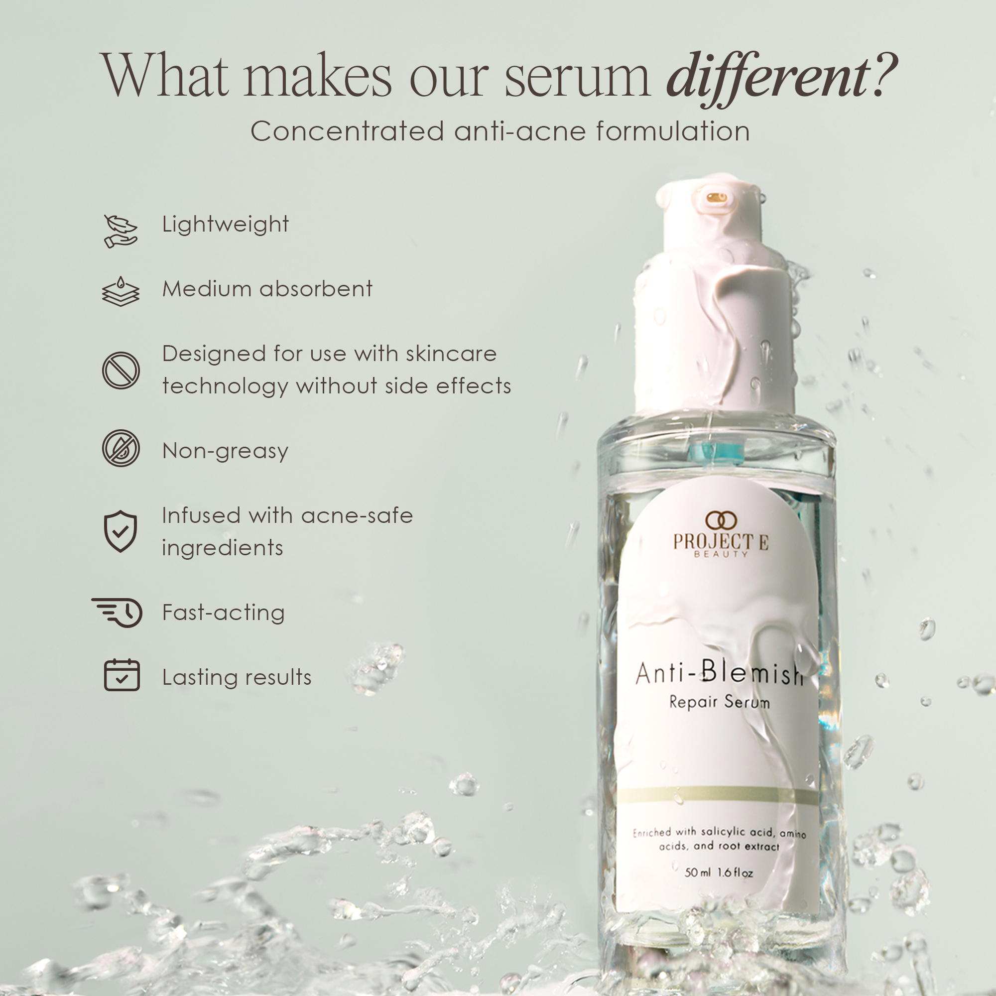 Concentrated anti-acne formulation, lightweight, medium absorbent, designed for use with skincare technology without side effects non-greasy, acne-safe ingredients