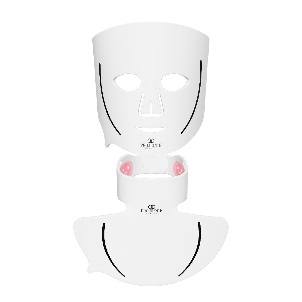 3D model of the LumaLux Face+ LED face and neck mask, showing both white panels